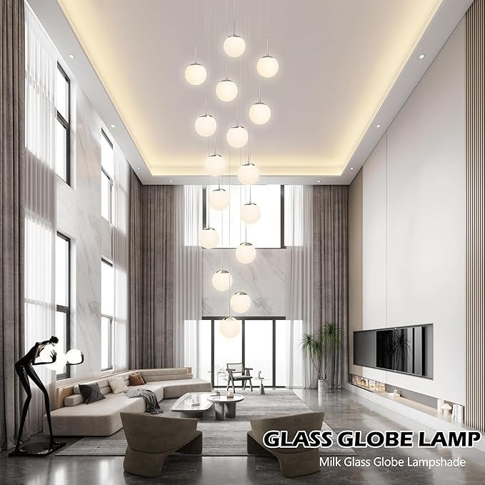KoKo&Yukina 16-Light Nickel Mid Century Modern Chandelier for Living Room Staircase Chandelier for Entryway Globe Milky White Glass Pendant Light High Ceiling Chandeliers Foyer (Bulb & Remote Incl.)