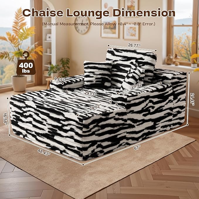 Chaise Lounge Chair Indoor, Oversized Sleeping Couch 67" L * 48.5" W Assembly Free Modern Minimalist Sofa, Extra Deep Large Single Seat Sofa for Living Room (Black&White Plush)