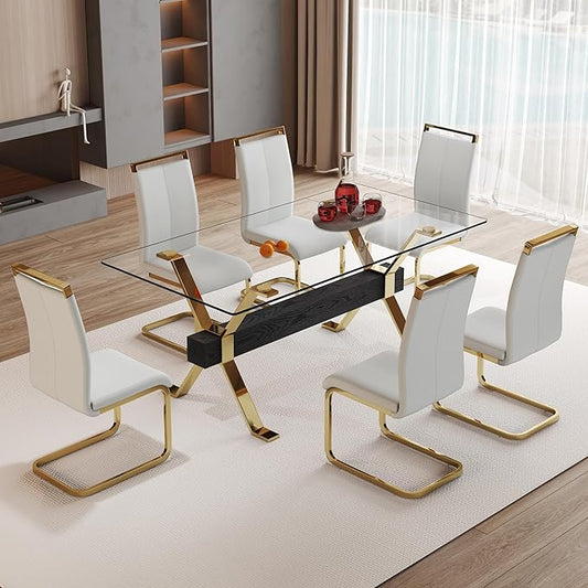 7 Piece Glass Dining Table Set, Kitchen Table Chairs Set for 6, 71'' Dining Table with 0.4" Tempered Glass Tabletop with Plated Metal Legs and MDF Crossbar, 6 PU Chairs for Dining Room, Kitchen.