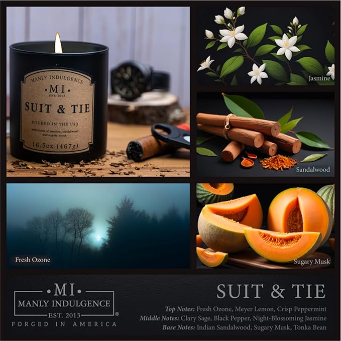Manly Indulgence Suit & Tie Scented Candles for Men, 16.5 oz Single Wick, Premium Soy Blend Wax, 60H Burn, Candles for Home Scented – Made in The USA