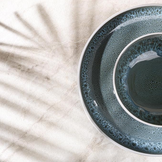 CQN&ZXD Ceramic Plates and Bowls Sets, 12 Pieces, Hand-Crafted Dishes set for 4 with Flowing Reactive-Glaze, Microwave & Dishwasher Safe Dinnerware Sets, Modern Style, Elegant Grey & Wave Blue