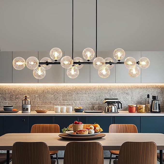 Modern Chandeliers for Dining Room, 16-Light Large Dining Room Light Fixture Linear Sputnik Chandelier Clear Glass Globe Long Bubble Chandelier Farmhouse Island Lights for Kitchen