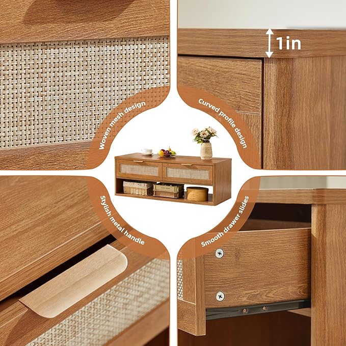 LEYAOYAO 48" Farmhouse Boho Rattan Coffee Table with 2 Woven Drawers,Rectangular Coffee Tables with Hidden Storage Compartment,Curved Profile Design,Wooden Center Table for Living Room,Office,Brown