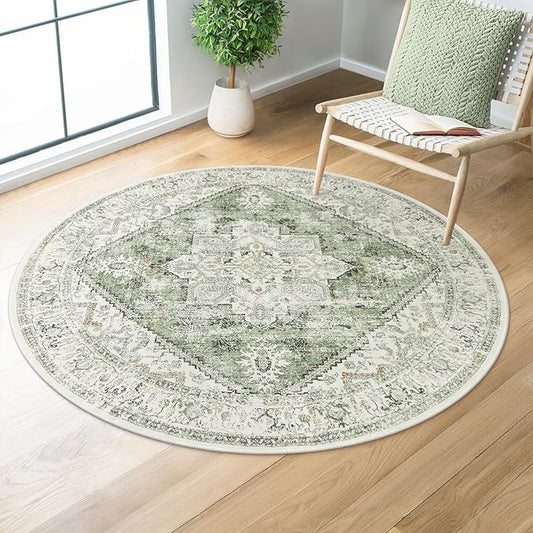 LIVEBOX Sage Green Round Rug 4ft, Vintage Tribal Circle Rugs for Entryway Foyer, Low-Pile Oriental Retro Rugs for Living Room, Stain Resistant Medallion Circular Rug for Bedroom