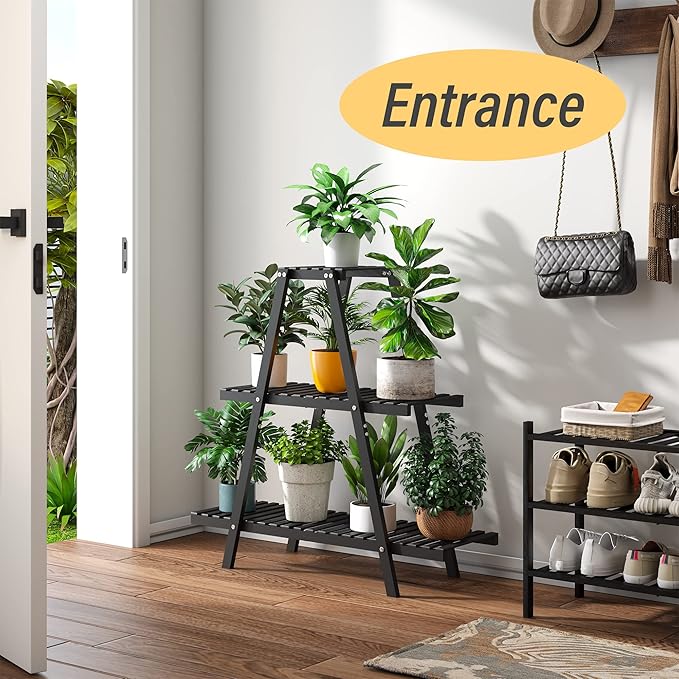 Bamboo Plant Stand Indoor/Outdoor, 3-Tier, Black, Rectangular, 8 Potted Flower Holder Ladder Plant Rack