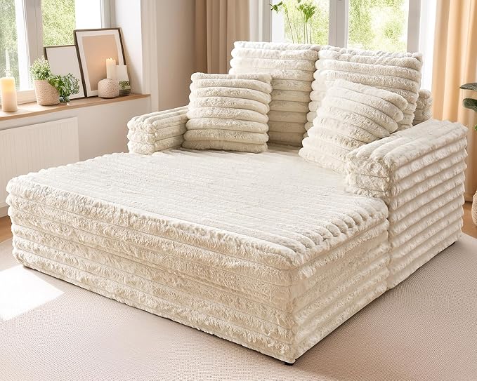 VanAcc 53 Inch Chaise Lounge Indoor, Plush Sleeper Chair with Throw Pillows, Upholstered Sofa Bed with Armrests, Plush Chair Bed for Living Room(Creamy White)