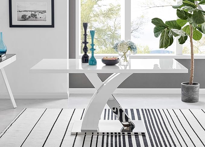 Atlanta Modern Rectangle Chrome Metal White High Gloss Dining Table and 6 Cappuccino Beige Lorenzo Chairs Set