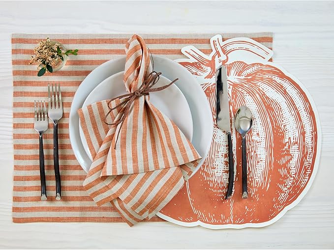 Solino Home Linen Placemats Set of 4 - Amalfi Stripe Pumpkin and Natural Placemats 14 x 19 Inch - 100% Pure Linen Place Mats for Fall, Autumn, Halloween, Thanksgiving
