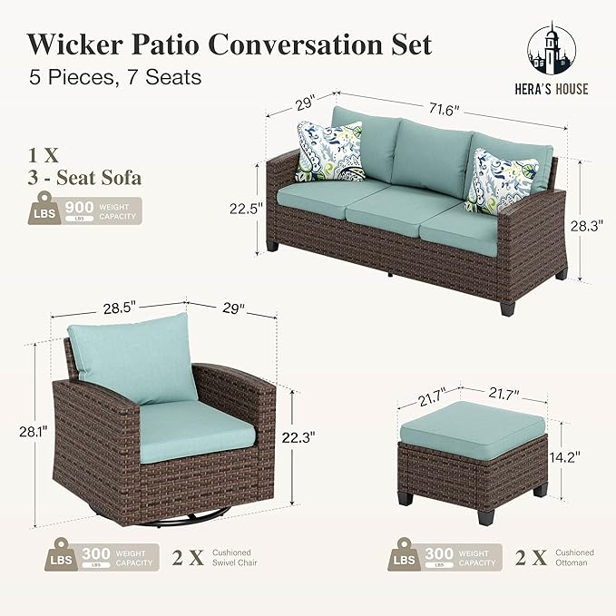 HERA'S HOUSE Swivel Glider Patio Furniture Set, 5 Pieces Outdoor Seating Furniture Sets, 3-Seat Wicker Sofa with Ottomans, All Cushioned Patio Conversation Sets for Backyard Deck, Blue