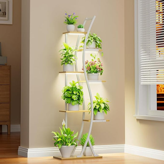 Plant Stand Indoor with Grow Lights - 7 Tiered Tall Metal Plant Shelf - Corner Wooden Plant Stand for Indoor Plants Multiple, Large S-Shape Flower Rack Holder for Living Room, Garden, Patio Decor, 62"