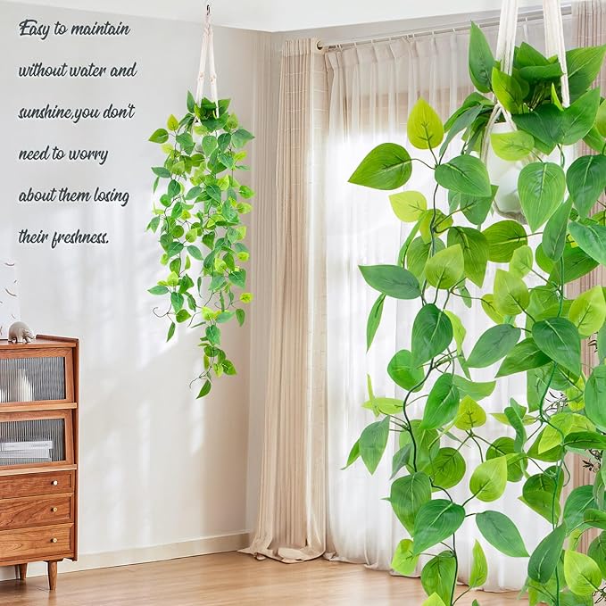 LOYWREE 2 Pack Artificial Hanging Plant Kit with Pot and Hanger - 39" Long Fake Pothos Vines - Hanging Potted Faux Plant Indoor for Wall Ceiling Bedroom Bathroom Living Room Home Decor (White Pot)