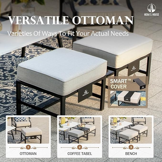 HERA'S HOUSE Patio Furniture Set, 2 x Rocking Cushioned Chair, 2 x Cushioned Ottoman, 1 x 3-Seat Sofa with Marbling Coffee Table, 6 Piece Outdoor Conversation Set for Backyard Lawn Garden