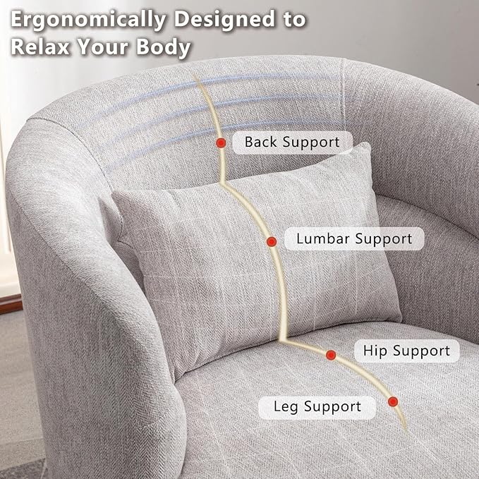 CANMOV Swivel Accent Chair, 360 Degree Round Swivel Barrel Chair with Pillow, Upholstered Comfy Barrel Armchair Single Club Sofa Chair for Living Room,Bedroom, Reading Room, Grey