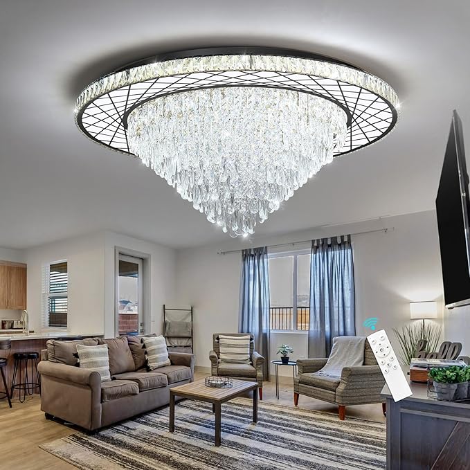 Large Chandelier for Living Room High Ceiling Modern Crystal Ceiling Chandeliers Light for Dining Room Entryway Lights with 90W LEDs Dimmable Bulbs Black Lighting Fixtures