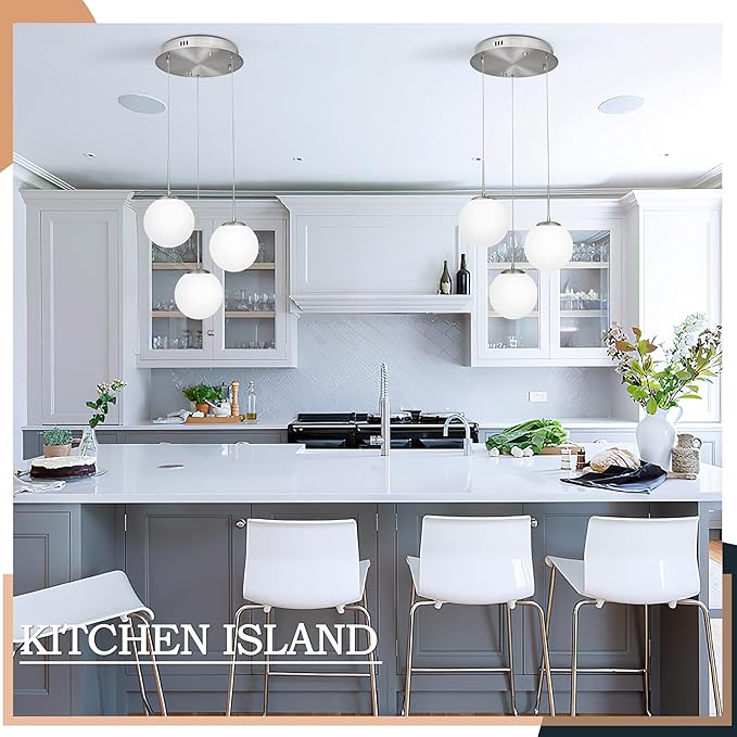 KoKo&Yukina 3-Light Globe Glass Pendant Light Modern Nickel Glass Chandelier Adjustable Length Pendant Lights Fixtures with Milky White Globe Ceiling Light for Kitchen Island (Bulb & Remote Incl.)