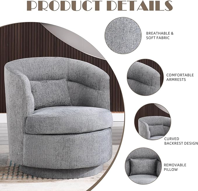 CANMOV Swivel Barrel Chair Set of 2,Modern Round Accent Arm Chairs, Swivel Accent Chair with Pillow, Upholstered Comfy 360 Degree Swivel Single Circle Club Sofa Chair for Living Room Bedroom,Dark Grey