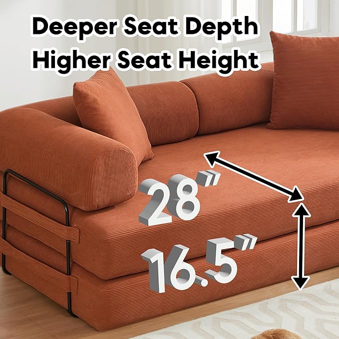 Convertible Sleeper Sofa Bed with Cylindrical Pillow, Corduroy Folding Mattress Couch with Fixed-Shape Frame, Floor Sofa Lounge Couch for Living Room Bedroom Lounge Studio, Orange