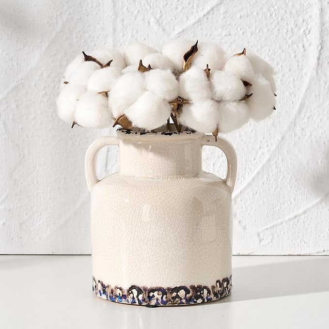 White Ceramic Vase with 2 Handles, 5.83 Inch Cute Retro Ice Cracked Flower Vase, Small Antique Vases for Modern Farmhouse Home Decor, Wedding, Living Room, Table, Shelf Decor, White