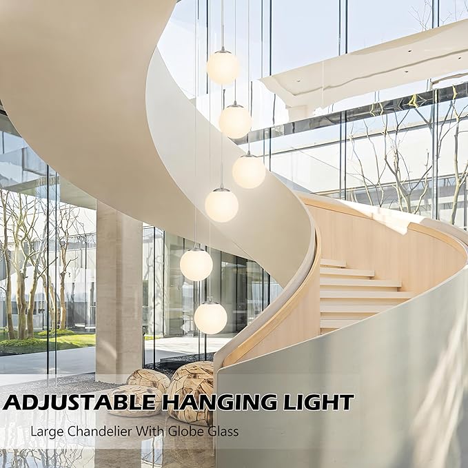 KoKo&Yukina Globe Pendant Light 6 Light Nickel Globe Pendant Lights Kitchen Island Mid Century Light Fixture with Milky White Glass Shade Lights for Staircase