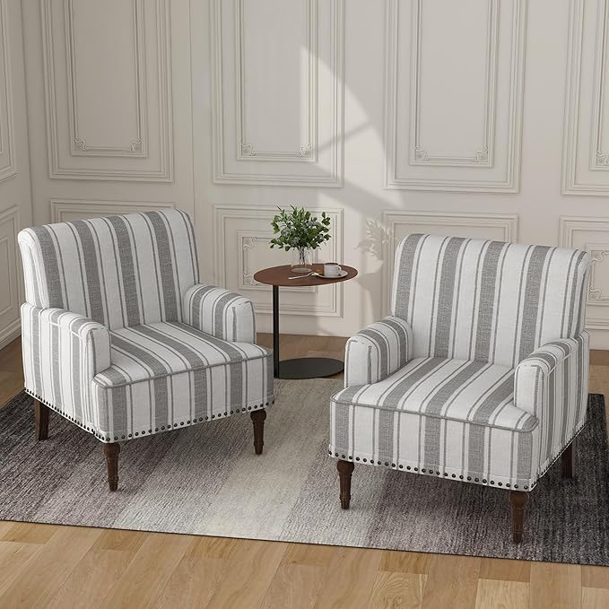 Modern Accent Chair with Arms,2 Set Mid Century Stripe Armchair for Living Room,Comfy Linen Fabric Single Sofa for Apartment Bedroom,Comfortable Cushioned Seat for Reading Home Office-Gray Stripe