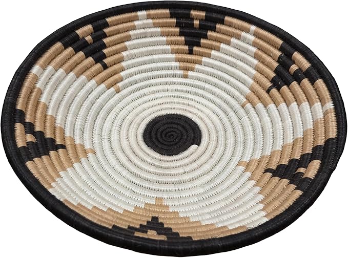Handwoven African Basket Handmade sisal Fruit Bowl Wall Hanging decorative Baskets for Home Living Room Kitchen Centerpiece Zen Designs Arts and Crafts (Black Beige White, 10in diameter)