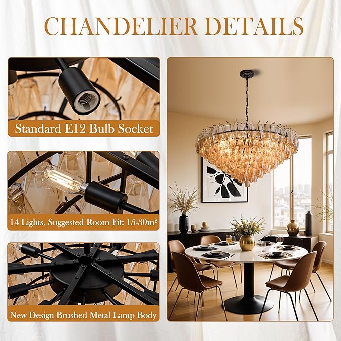 Modern Round Chandelier, 37" Extra Large Black Chandeliers for Dining Room, 14-Light with Tiered Smoke Glass Tubes Ceiling Light, Pendant Lighting Fixture for Living Room Bedroom Kitchen Island