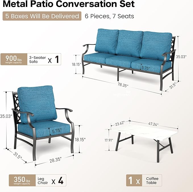 6 Piece Metal Outdoor Patio Furniture Set, Patio Conversation Sets 1 3-Seater Sofa, 4 Fixed Chairs with 5.75" Thick Cushion and Coffee Table, Backyard Furniture Set for Deck, Blue-2