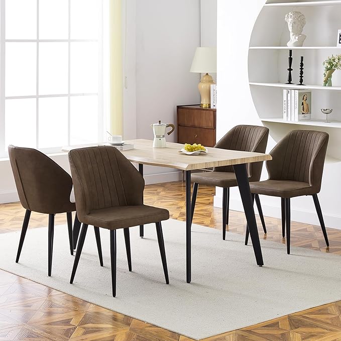 CLIPOP Faux Leather Dining Chairs Set of 4, Mid Century Modern Kitchen Chair, Upholstered Seat Leisure Side Chair with Backrests, Metal Legs for Living Room, Lounge, Guest Room, Brown