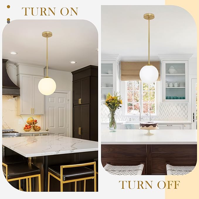 6" Globe Pendant Light Gold Mid Century Pendant Light Globe Pendant Lights Kitchen Island Brushed Brass Finished with Milk Glass Lampshade Adjustable Ceiling Light Fixtures for Kitchen