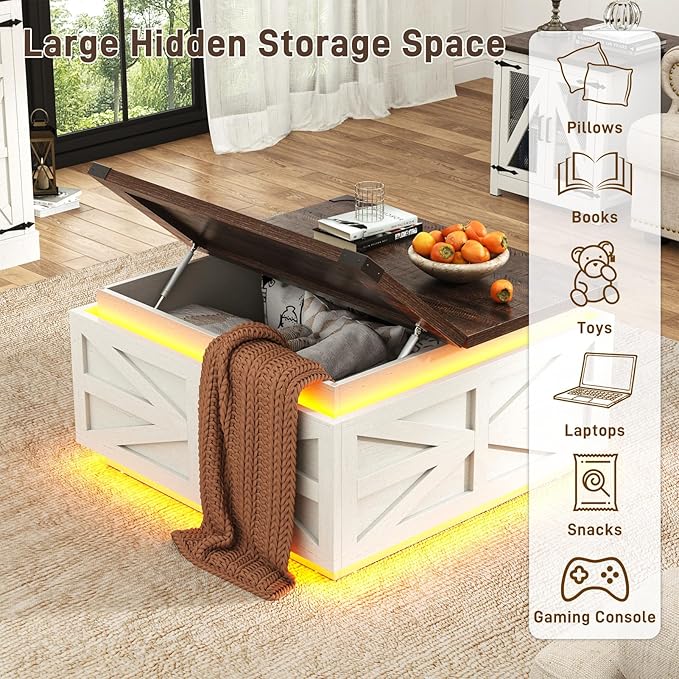 36" Farmhouse LED Lift Top Coffee Table with Storage and Power Outlets, Square Wood Living Room Tables with 2 LED Lights& Large Hidden Space, Lift Wooden Barn Door Center Table, Rustic White