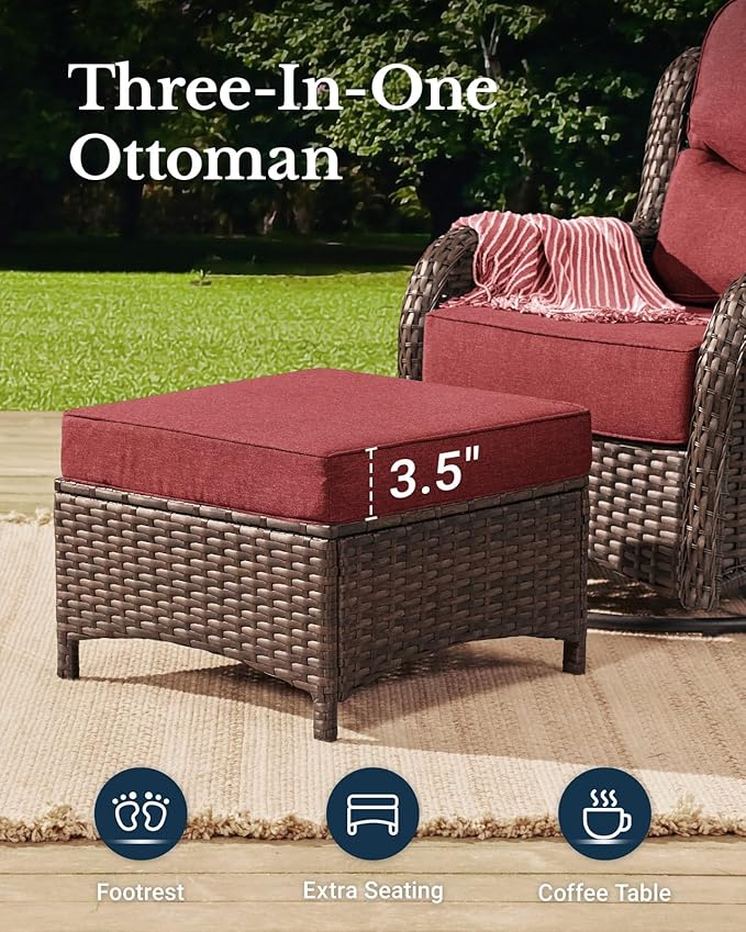 HILLGA Luxury High Back Patio Furniture Set with 6-Inch Thick Cushion, 5-Piece Outdoor Conversation Set with Loveseat, Swivel Rocker Chairs & Ottomans, Ideal for Porch Pool Deck Yard (Burgundy)