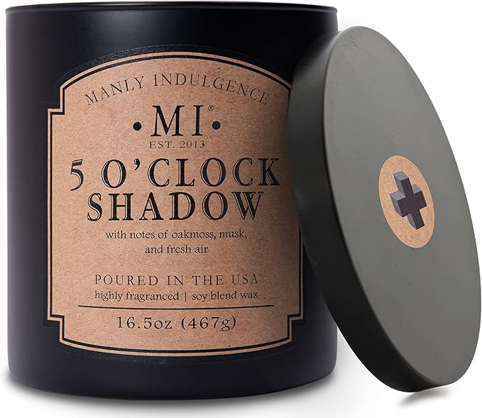 Manly Indulgence 5 O'Clock Shadow Scented Candle for Men 16.5 oz | 2 Wick & 2X Intense Fragrance | Oakmoss, Musk & Fresh Air | Up to 60 Hour Burn, Soy Blend Wax, USA Poured, Black
