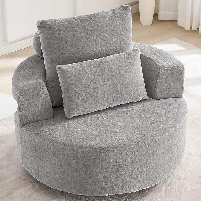 Furnimart Oversized Barrel Accent Chair, 360° Swivel Round Upholstered Sofa, Chenille High-Resilience Sponge, No Assembly Wide Seat for Living Room, Bedroom, Apartment(Gray)