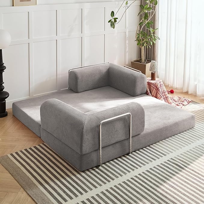 Modern Convertible Lounge Chair, Corduroy Fabric, Square Platform Design with Metal Frame, Floor Sofa Bed with Fixed-Shape Frame,Living Room Seating with Armrest (Grey, 2-Seater Sofa)