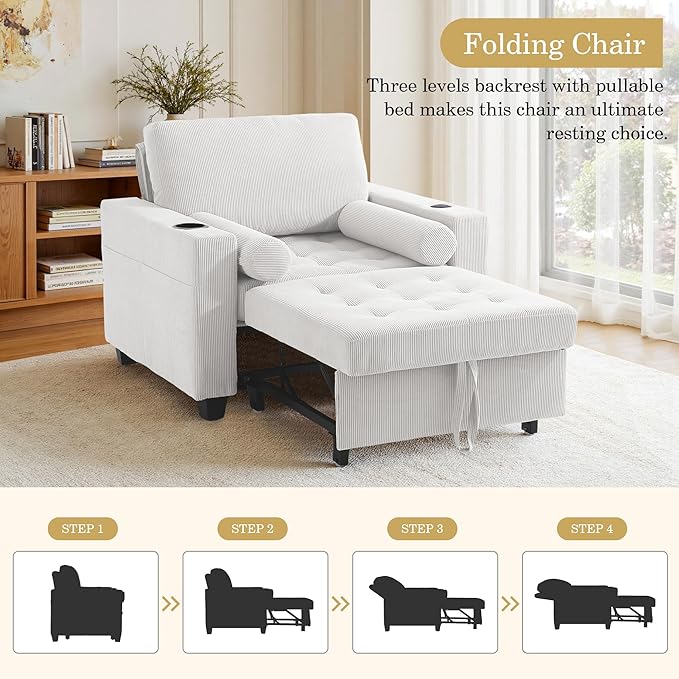 UIXE 3-in-1 Sleeper Sofa Chairs Set of 2, Pull Out Sofa Bed Convertible Reclining Seat Upholstered Armchair, Adjustable Backrest Recliner Chair with Side Pockets, Cup Holder & USB Ports - Beige White