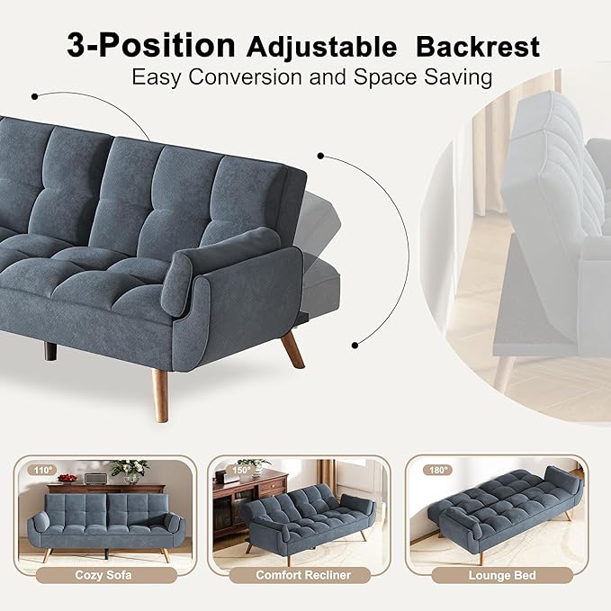 Futon Couch for Small Spaces & Apartment, 2-in-1Modern Comfy Loveseat Convertible Sofa Bed, 75.4-Inch Compact Design for Living Room, Dorms, and Studios-Dark Grey