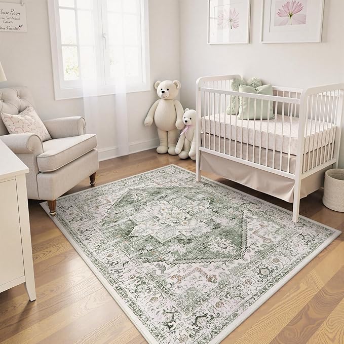 LIVEBOX Washable Area Rug 4x6 Vintage Tribal Bedroom Rugs Vintage Low-Pile Indoor Rug for Living Room, Non-Slip Retro Carpet Print Distressed Accent Carpet for Kitchen Entryway Office Camper, Sage