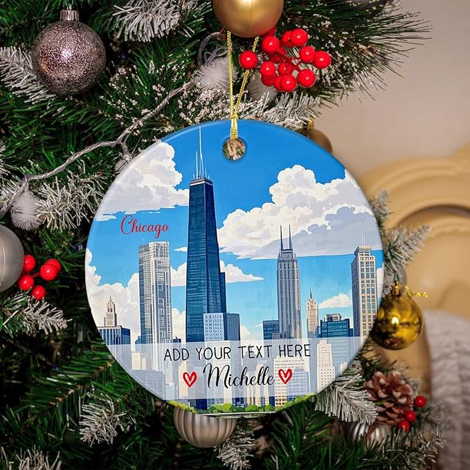 Chicago IL US Travel Souvenir Ceramic Ornament Christmas 2025, Personalized Chicago City Skyline IL Ornament for Xmas Tree Hanging, Custom Text/Name Illinois Travel Xmas Ornaments Gifts for Men Women