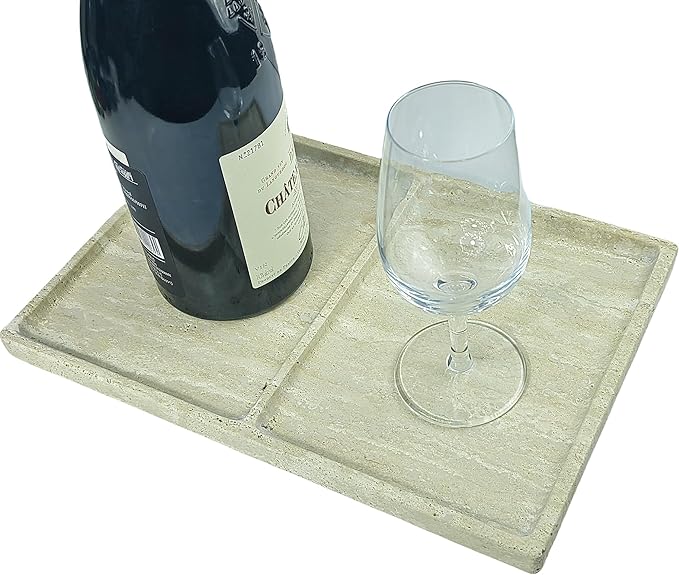 11.81"x7.87" Roman Travertine Decorative Tray - 2 Compartments Functional Storage Vanity Organizer for Bathroom Kitchen Office, Beige