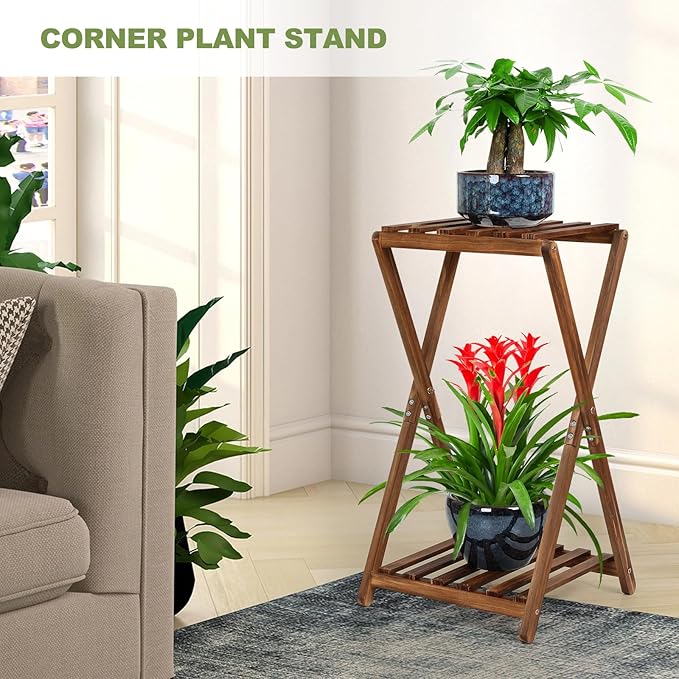 Plant Stand Indoor,Wooden 2 Tier Plant Stands,Corner Square Plant Shelf,Rustic Flower Stand Tall Plant Holder for Living Room Bedroom Balcony Office