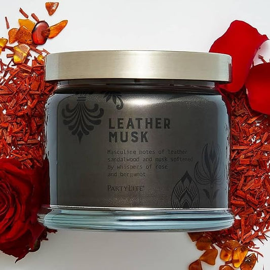 PartyLite 3-Wick Jar Candle, Highly Fragranced Clean Burning Glass Candle, 25-45 Hours Burn Time (Leather Musk)
