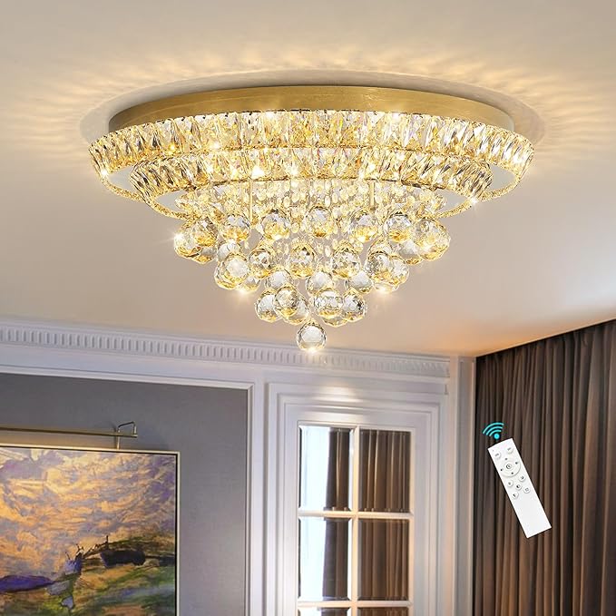 Modern Glam Crystal Chandelier Dining Room Bedroom Ceiling Lights Chandelier with Dimmable Bulbs Ceiling Lighting Fixture 23.6 Inches Gold Light