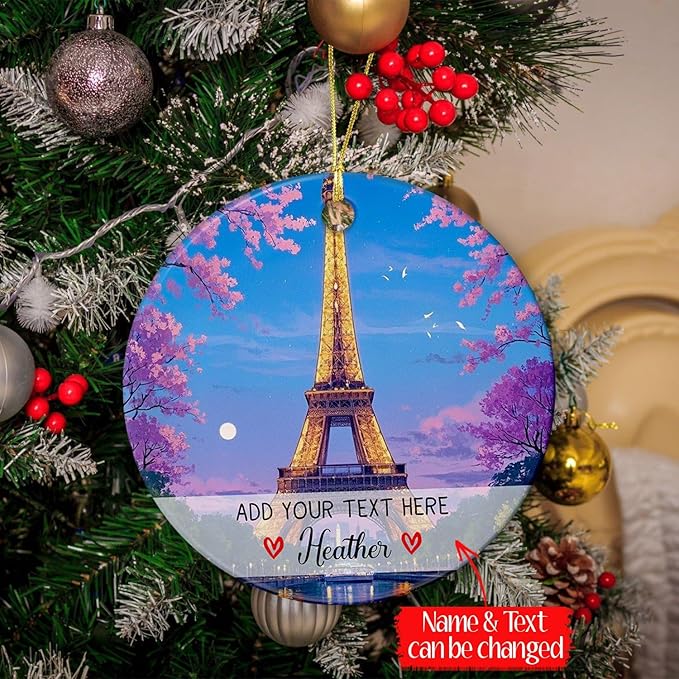 Personalized Text/Name Paris Eiffel Tower Christmas Ornament, France Paris Skyline Ceramic Ornament Christmas 2025, France Travel Souvenir Ornaments Gift, Customized Eiffel Tower Trip Xmas Tree Decor