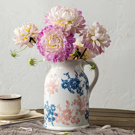 Pink Blue and White Pitcher Vase, 8 Inch Vintage Chinoiserie Ceramic Flower Vase, Rustic Retro Ice Cracked Antique Porcelain Vases for Home Farmhouse Table Centerpieces Shelf Decor ﻿