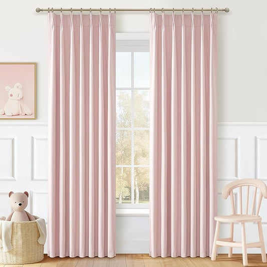 Baby Pink Modern Pinch Pleated Curtains & Drapes 84 Inch Length 2 Panels Set for Living Room, Blackout Thick Linen Blend Thermal Privacy Baby Girls Room Window Curtain with Hooks Ring 40"x84"
