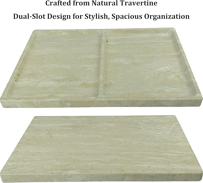 11.81"x7.87" Roman Travertine Decorative Tray - 2 Compartments Functional Storage Vanity Organizer for Bathroom Kitchen Office, Beige