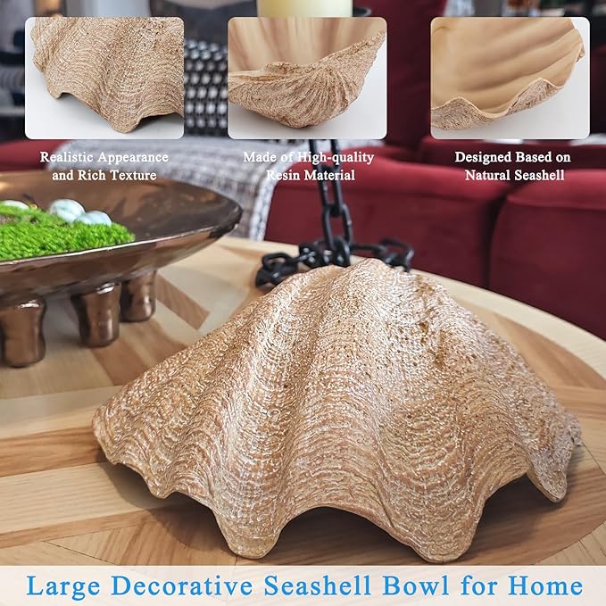 Resin Seashell Decorative Bowl Large Clam Shell Storage Bowl for Coffee Table Centerpiece Home Kitchen Entryway Table Decor Beach Themed Wedding Party Decoration (Wood Color)