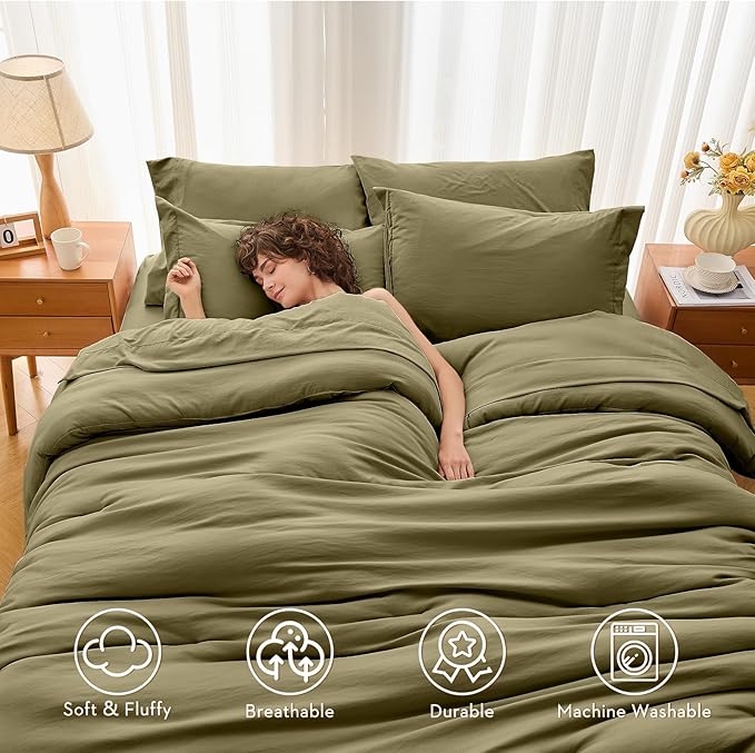 MUXHOMO 7 Pieces Queen Comforter Set, Soft Bed in a Bag Queen Size, All Season Bedding Set with Comforter, Flat Sheet, Fitted Sheet, Pillowcases & Shams, Olive Green