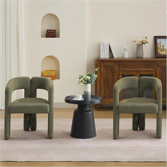 Modern Barrel Dining Chairs Set of 2, Upholstered Linen Dining Room Chair with Wooden Legs, Accent Chairs for Kitchen/Dining Room/Living Room, Green
