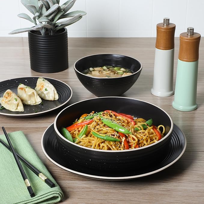 Gibson Home Dinah 16 Piece Double Bowl Stoneware Embossed Speckled Dinnerware Set - Matte Black